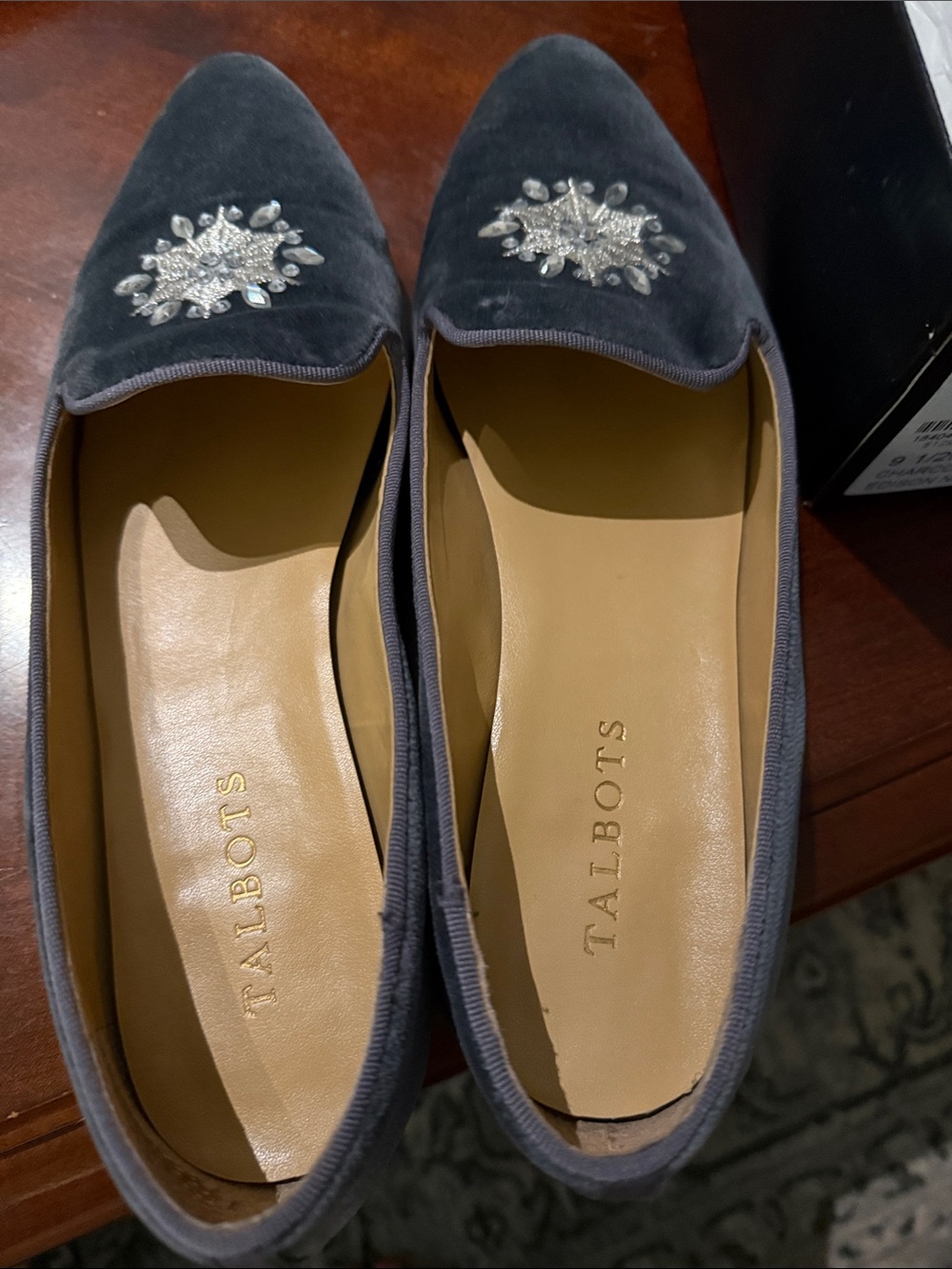 Talbots Charcoal Suede Pointed Flats with Crystal Motif